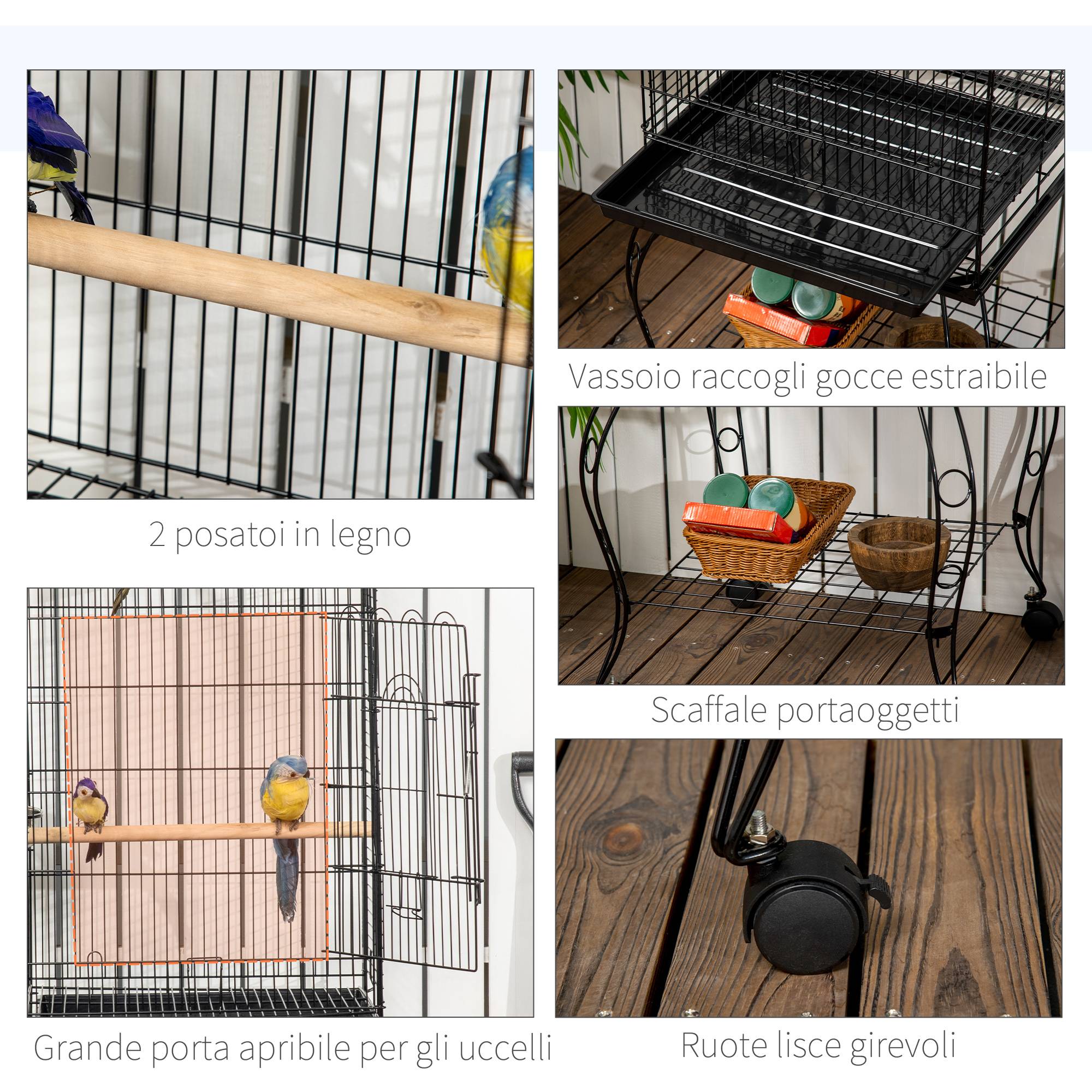 Cage pour oiseaux et canaris, volière avec roues en métal noir, 51x51x153 cm - Image 7