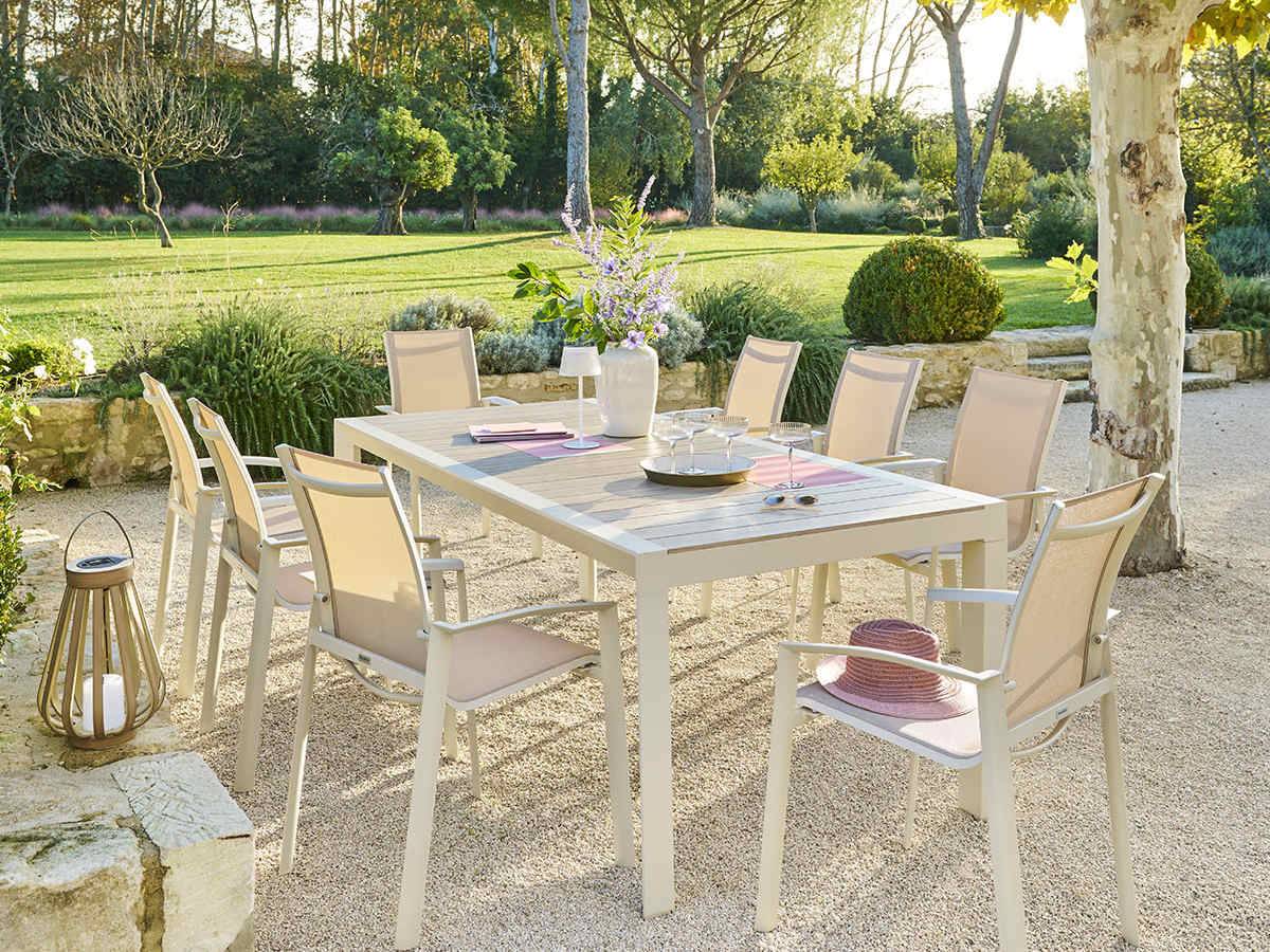 Hesperide - Table de jardin rectangulaire alu Evasion 8 places effet bois Lin Argile + 8 fauteuils Piazza - Hespéride - Image 2