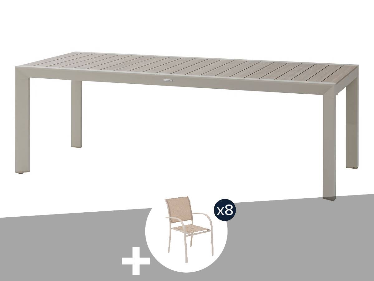 Hesperide - Table de jardin rectangulaire alu Evasion 8 places effet bois Lin Argile + 8 fauteuils Piazza - Hespéride - Image 1