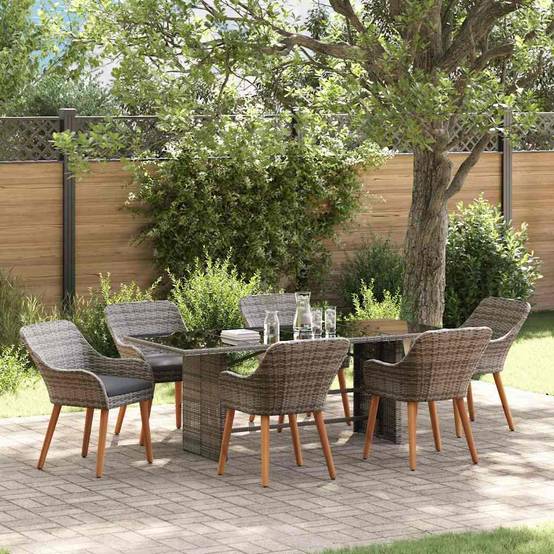 Table et chaises de jardin 7 pcs en polyrotin pour repas en extérieur Gris – ComfortXL Outdoor Living - Image 1