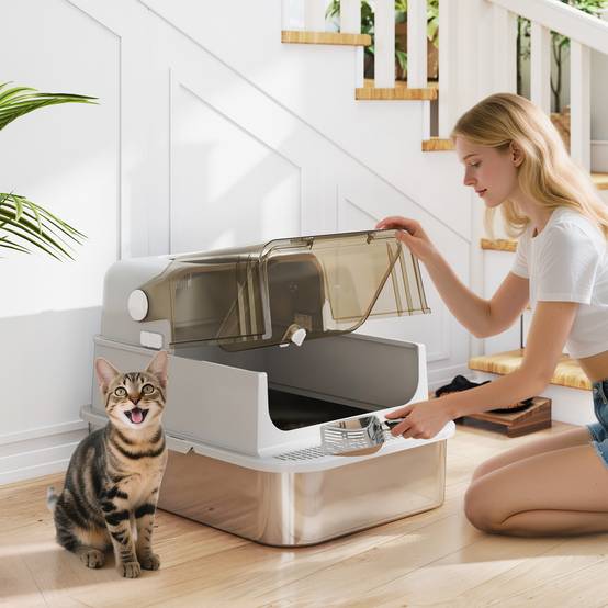 Maison de Toilette XXL Acier Inoxydable pour Grand Chat avec Double Entrée et Pelle Gris - ComfortXL Outdoor Living - Image 3