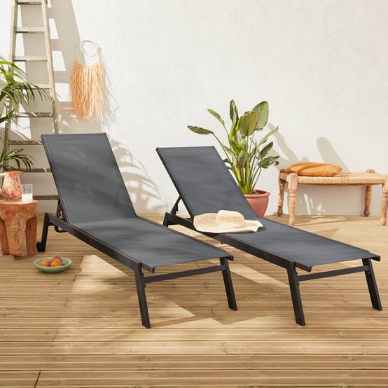 sweeek - Lot de 2 bains de soleil ELSA en aluminium gris anthracite et textilène gris taupe. transats multi positions avec roulettes | sweeek - Image 1