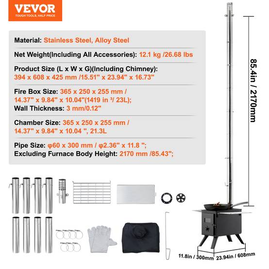 VEVOR Poêle à bois portable 86 pouces en acier, 8 tuyaux, pour tente camping 1400 po³, cuisine/chauffage. - Image 7