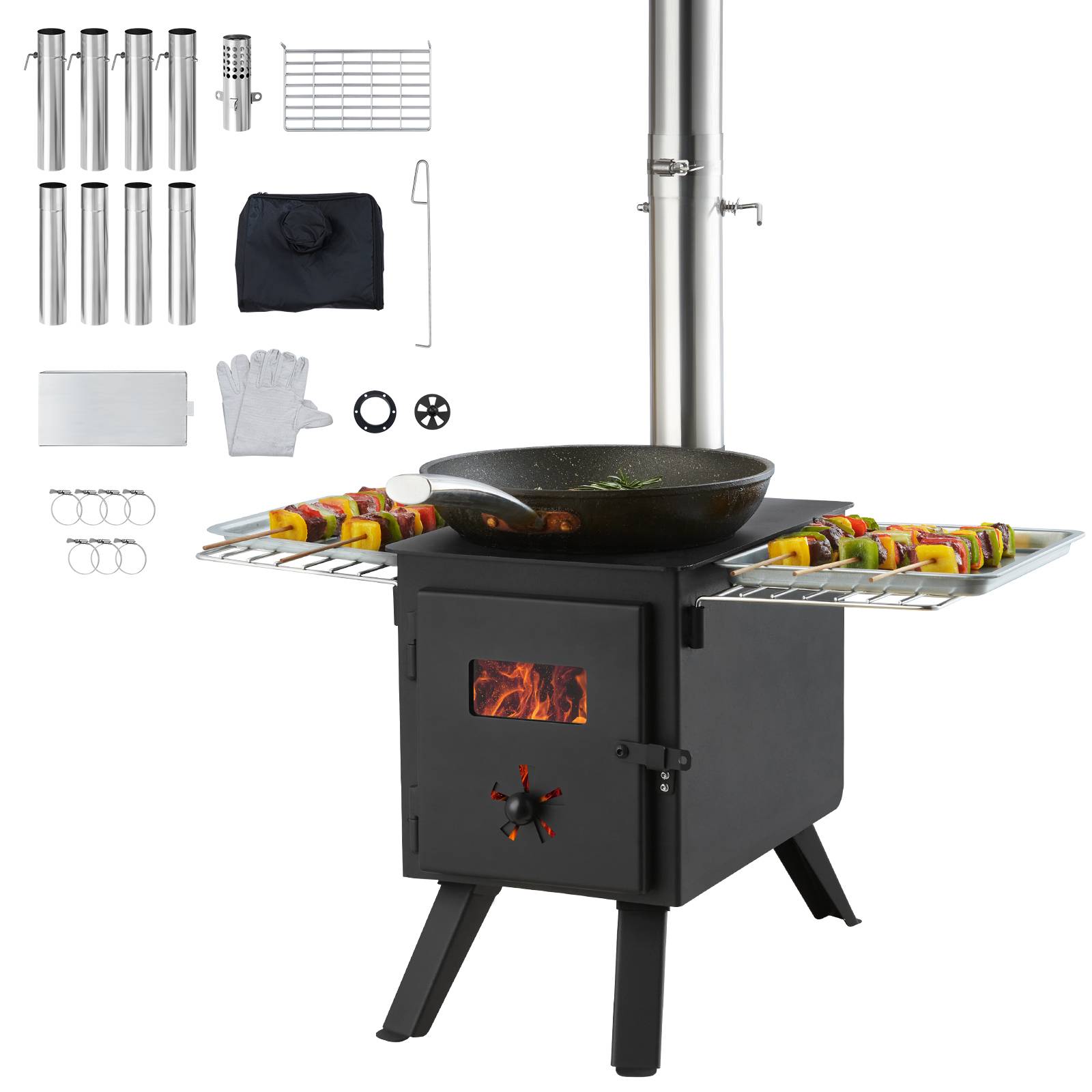 VEVOR Poêle à bois portable 86 pouces en acier, 8 tuyaux, pour tente camping 1400 po³, cuisine/chauffage. - Image 1