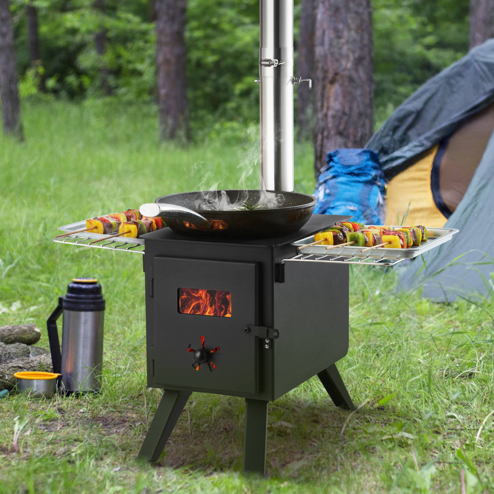 VEVOR Poêle à bois portable 86 pouces en acier, 8 tuyaux, pour tente camping 1400 po³, cuisine/chauffage. - Image 8