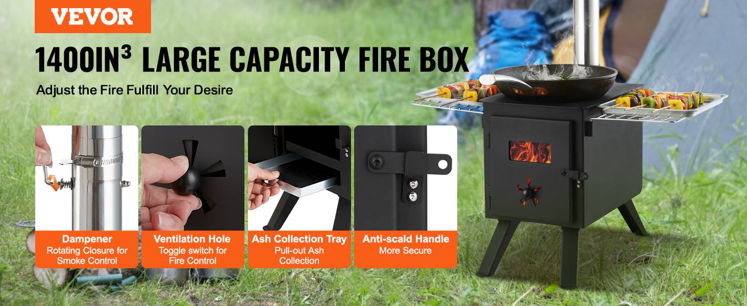 VEVOR Poêle à bois portable 86 pouces en acier, 8 tuyaux, pour tente camping 1400 po³, cuisine/chauffage. - Image 9