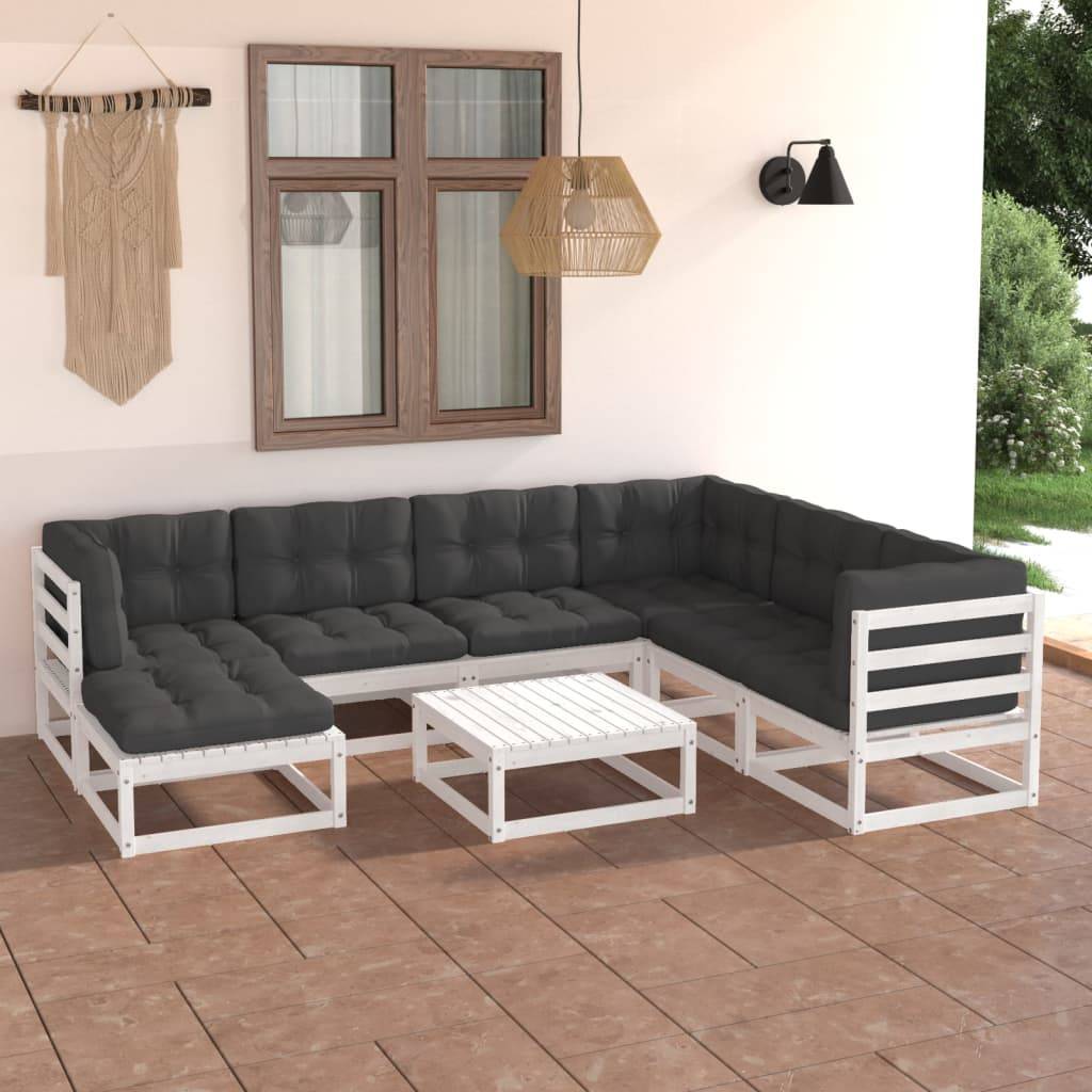 Salon de Jardin Blanc 8 Pièces en Bois de Pin avec Coussins Anthracite – ComfortXL Outdoor Living - Image 1