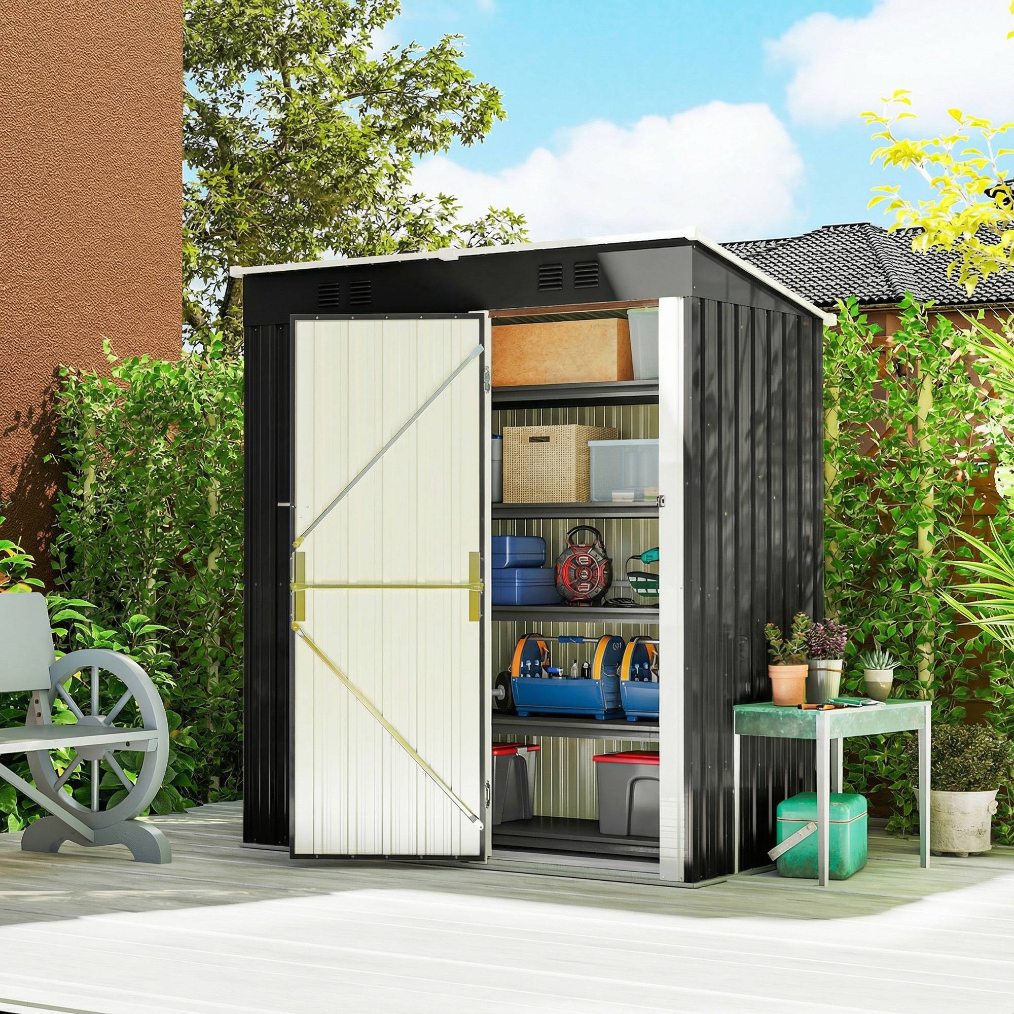 Abri jardin adossable acier rangement extérieur toit incliné 163x90x179cm foncé - ComfortXL Outdoor Living - Image 4
