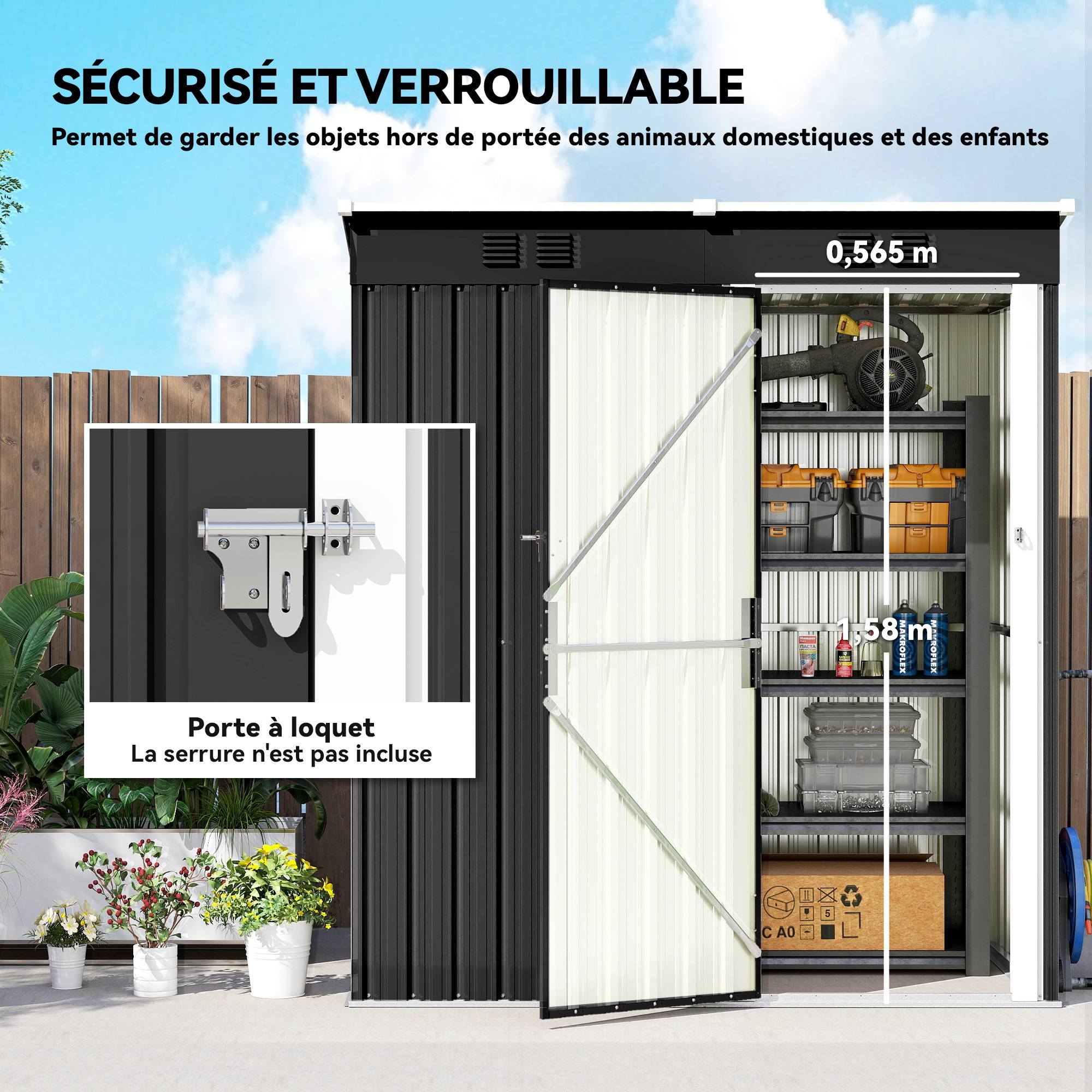 Abri jardin adossable acier rangement extérieur toit incliné 163x90x179cm foncé - ComfortXL Outdoor Living - Image 9