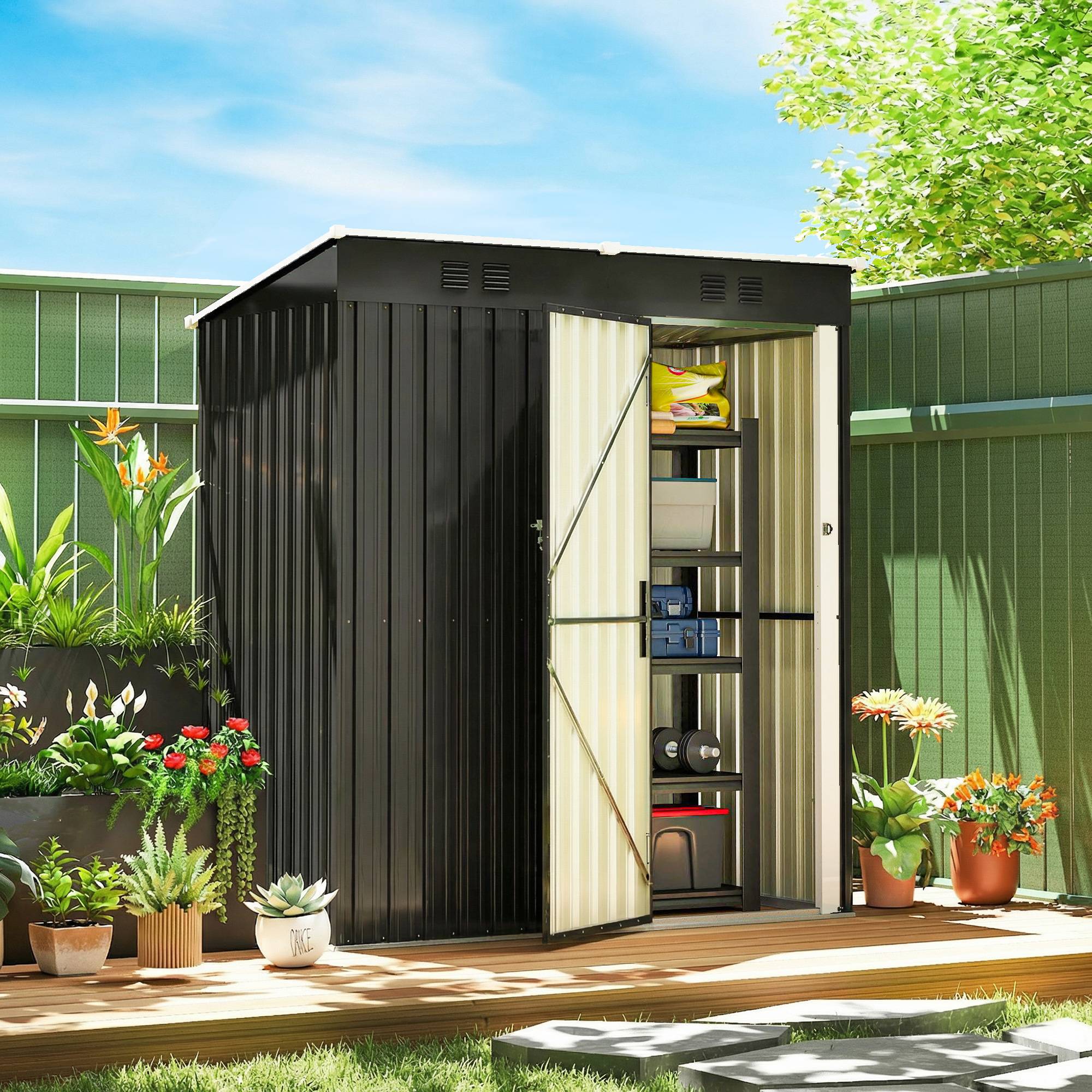 Abri jardin adossable acier rangement extérieur toit incliné 163x90x179cm foncé - ComfortXL Outdoor Living - Image 3