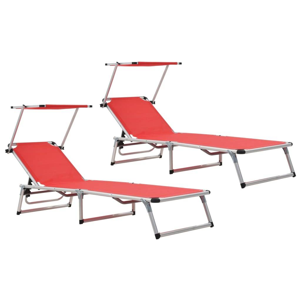 Lot 2 transats chaises longues Aluminium Plage Pliable auvent réglable Rouge - ComfortXL Outdoor Living - Image 1