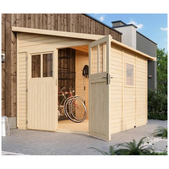 Abri de jardin adossé 6,23m² bois massif 19mm marron Karibu Bomlitz 3 avec embase traitée - Image 1