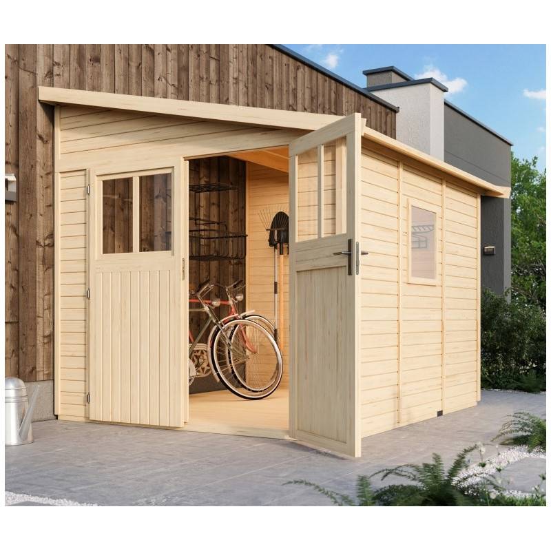 Abri de jardin adossé 6,23m² bois massif 19mm marron Karibu Bomlitz 3 avec embase traitée - Image 1