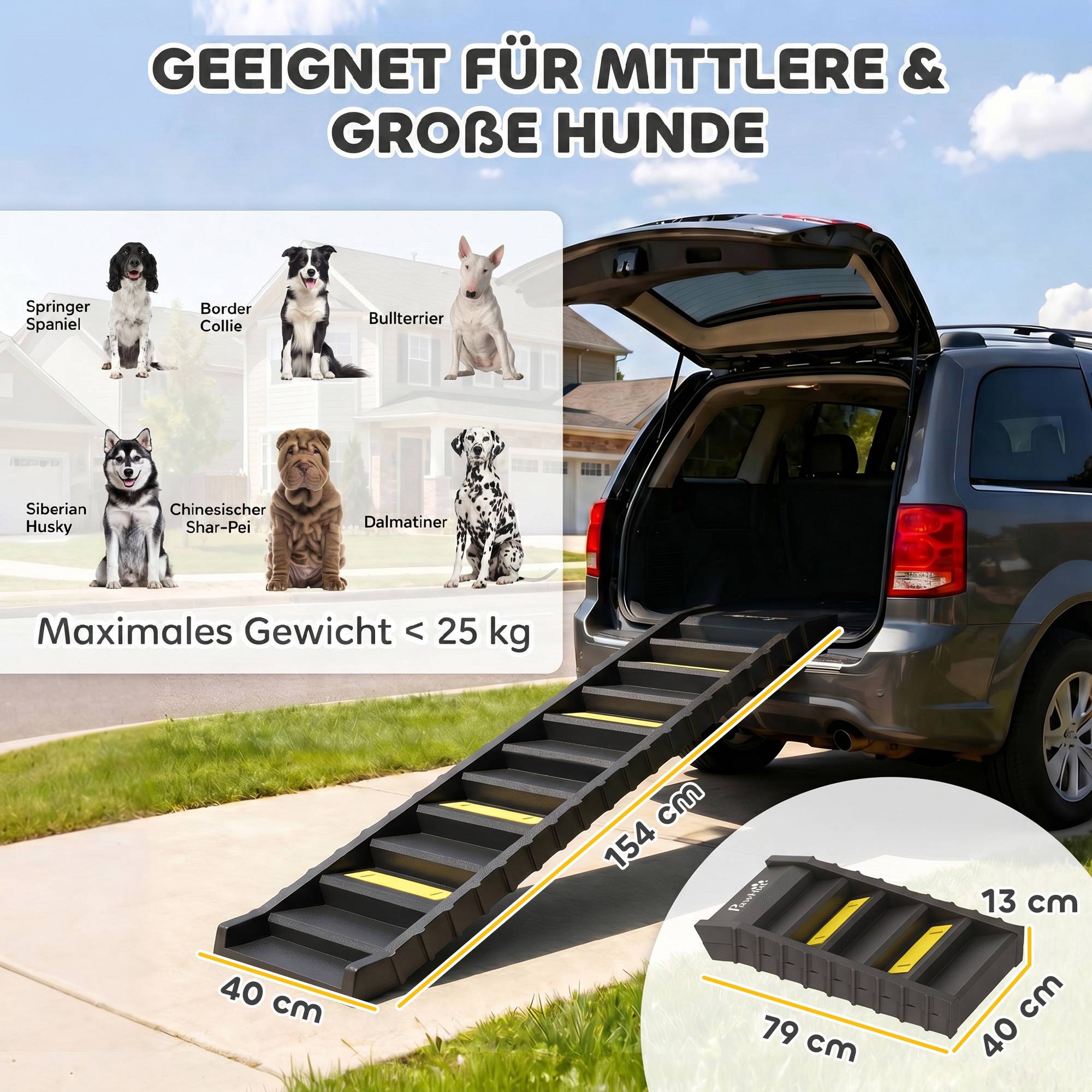 Rampe chien pliable, voiture/SUV, antidérapante, grands animaux jusqu'à 25 kg, 154x40cm, noir - Image 5