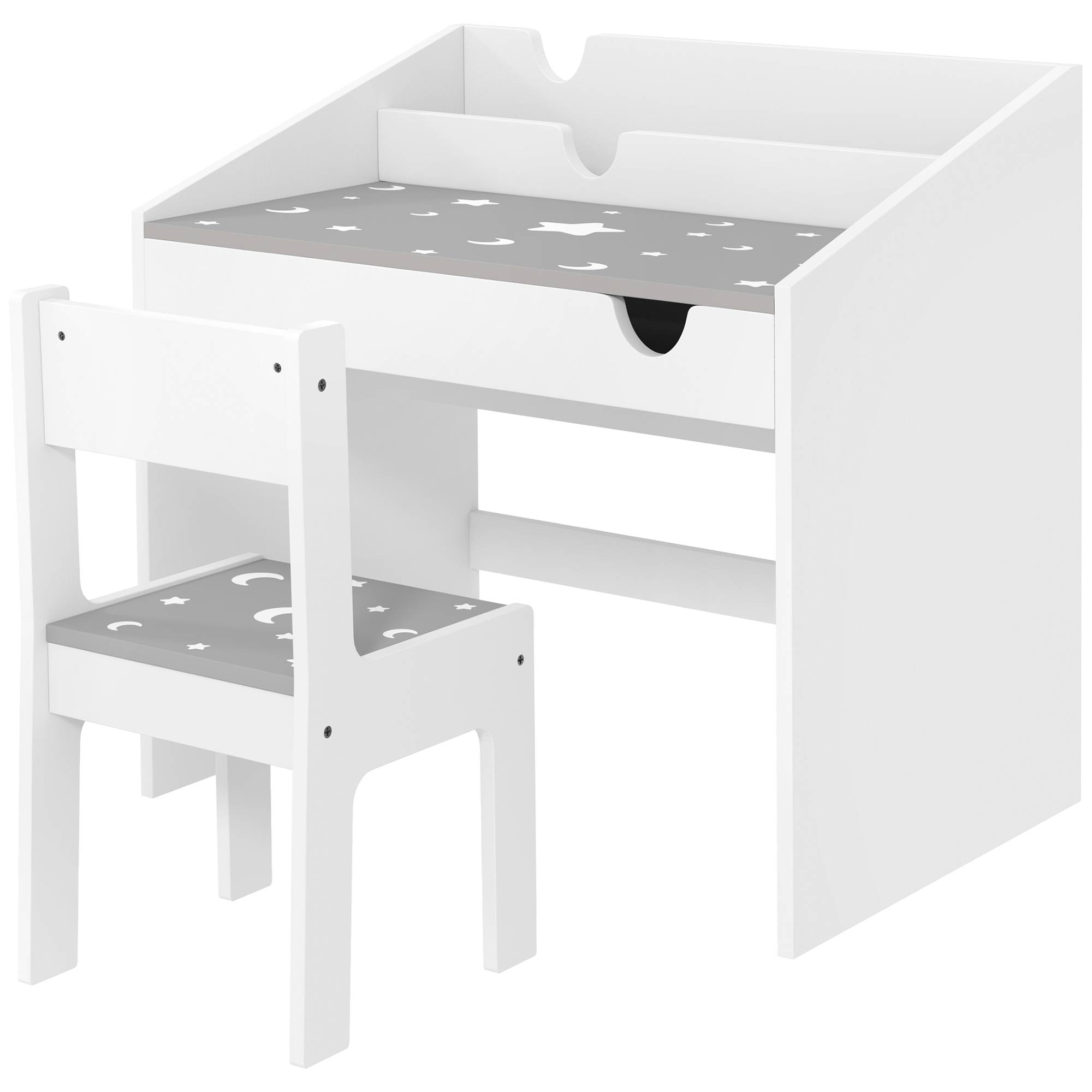 Ensemble bureau chaise enfant avec rangement tiroir coulissant,3-6 ans, motif étoiles, gris - Image 2
