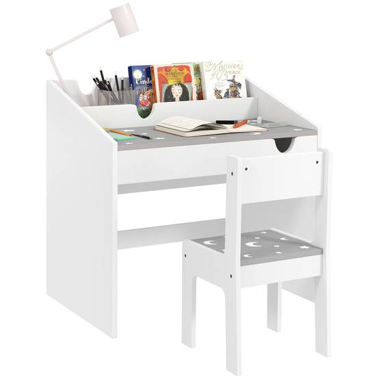 Ensemble bureau chaise enfant avec rangement tiroir coulissant,3-6 ans, motif étoiles, gris - Image 1