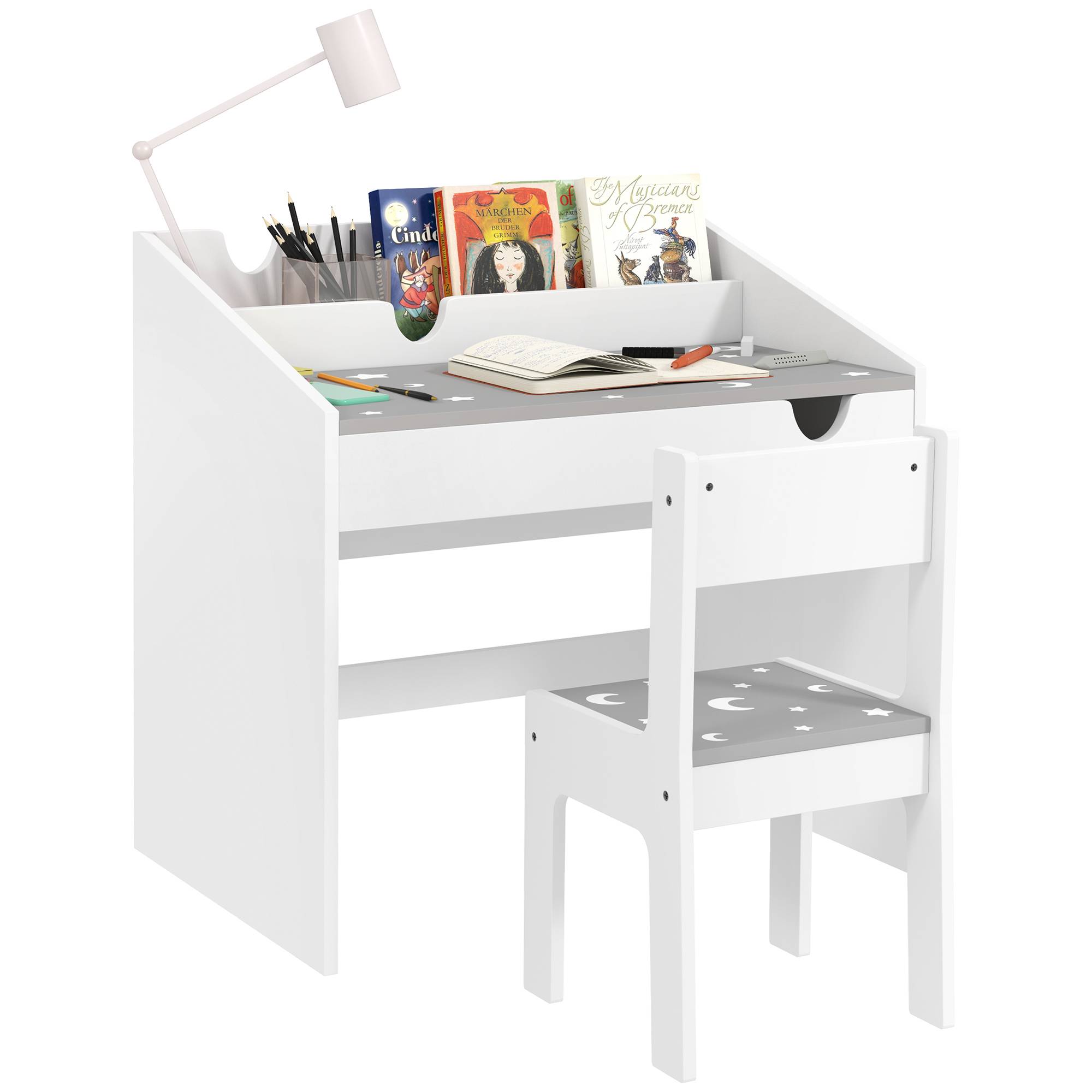 Ensemble bureau chaise enfant avec rangement tiroir coulissant,3-6 ans, motif étoiles, gris