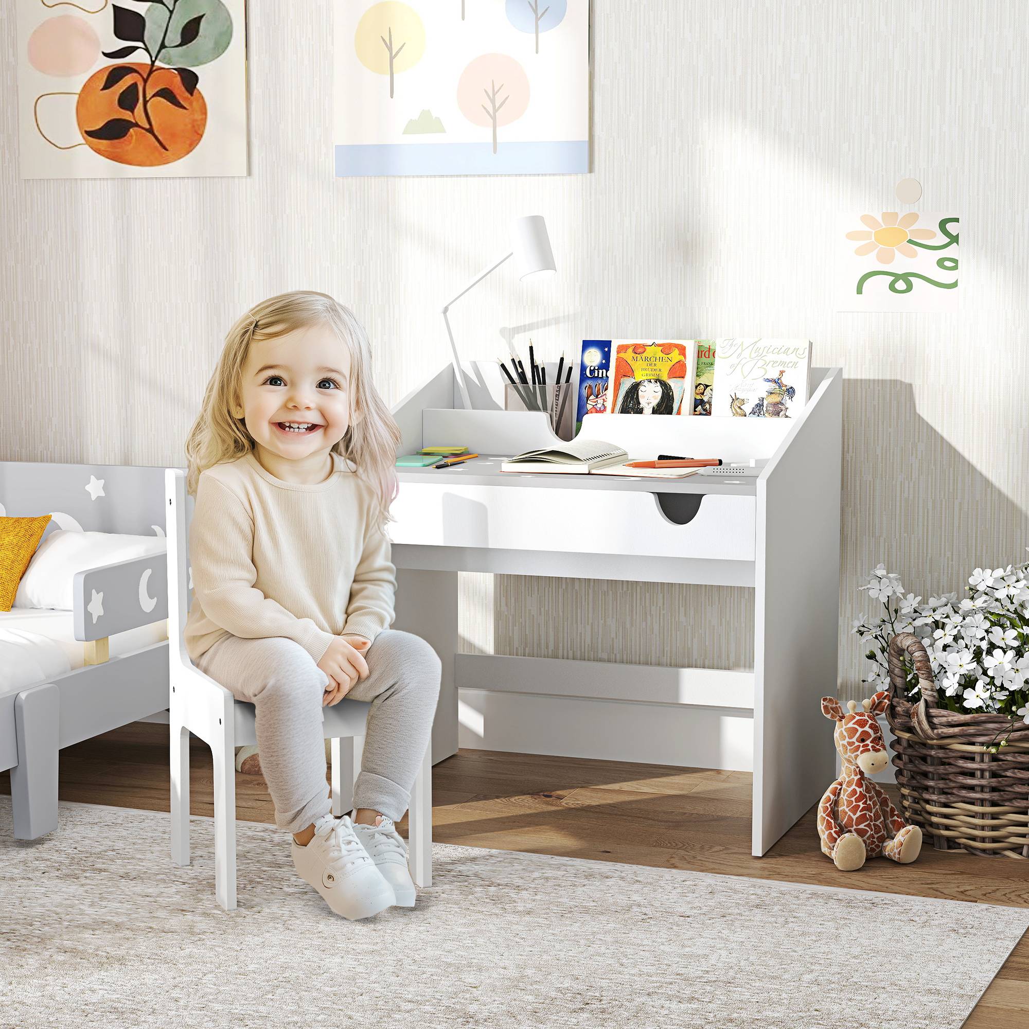 Ensemble bureau chaise enfant avec rangement tiroir coulissant,3-6 ans, motif étoiles, gris - Image 3