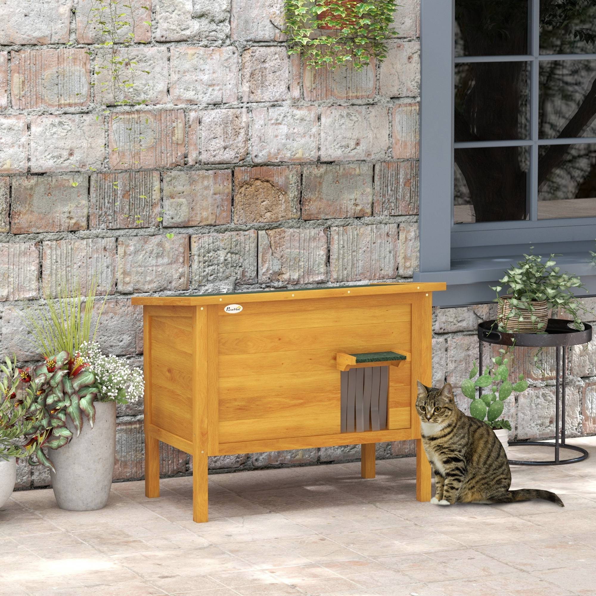 Niche pour chat d'extérieur bois naturel et vert 85 x 50 x 68.5 cm - PANGIVO - Image 4