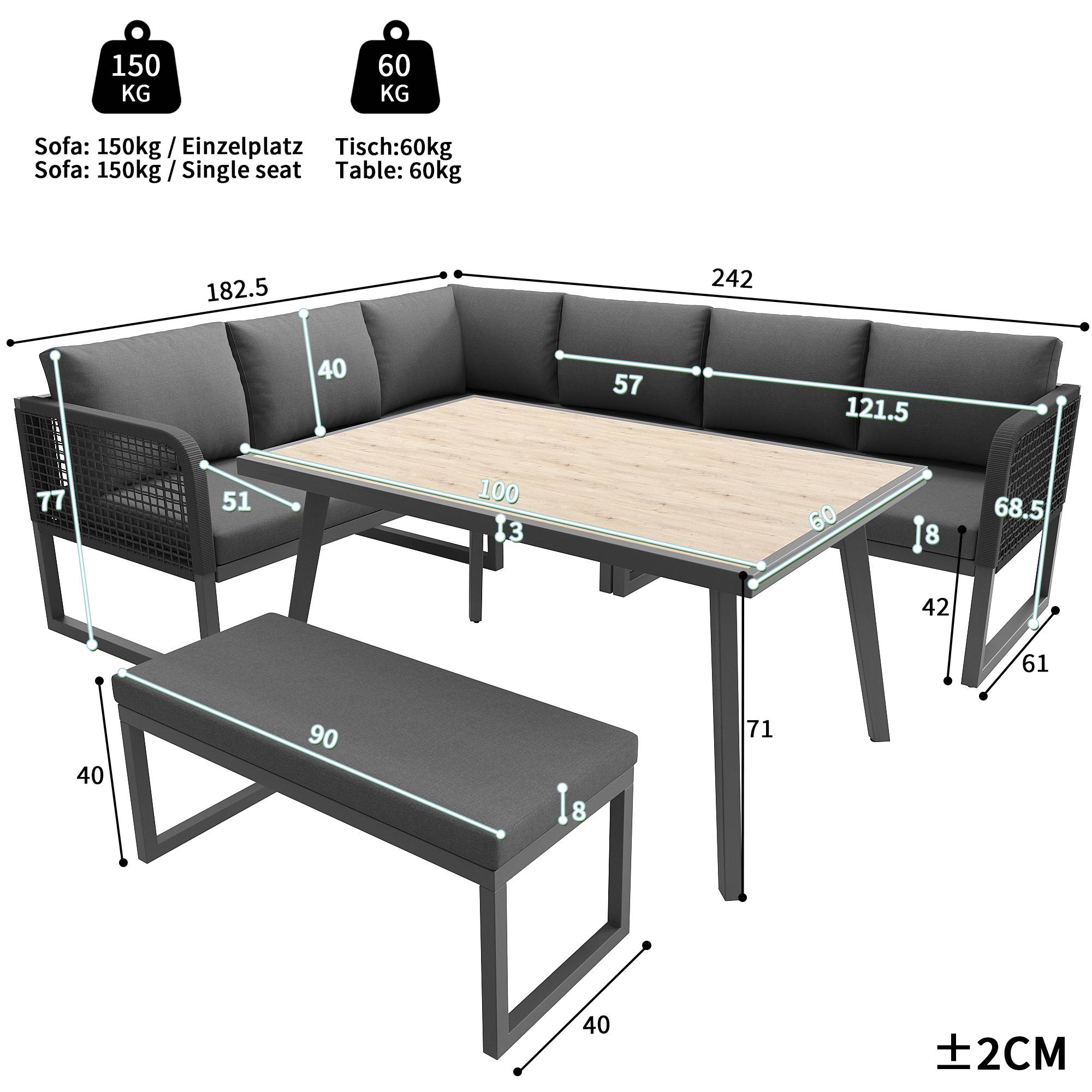 ComfortXL - Salon de Jardin Angle Résine Tressée 7 Places Table Haute Gris - ComfortXL Outdoor Living - Image 3