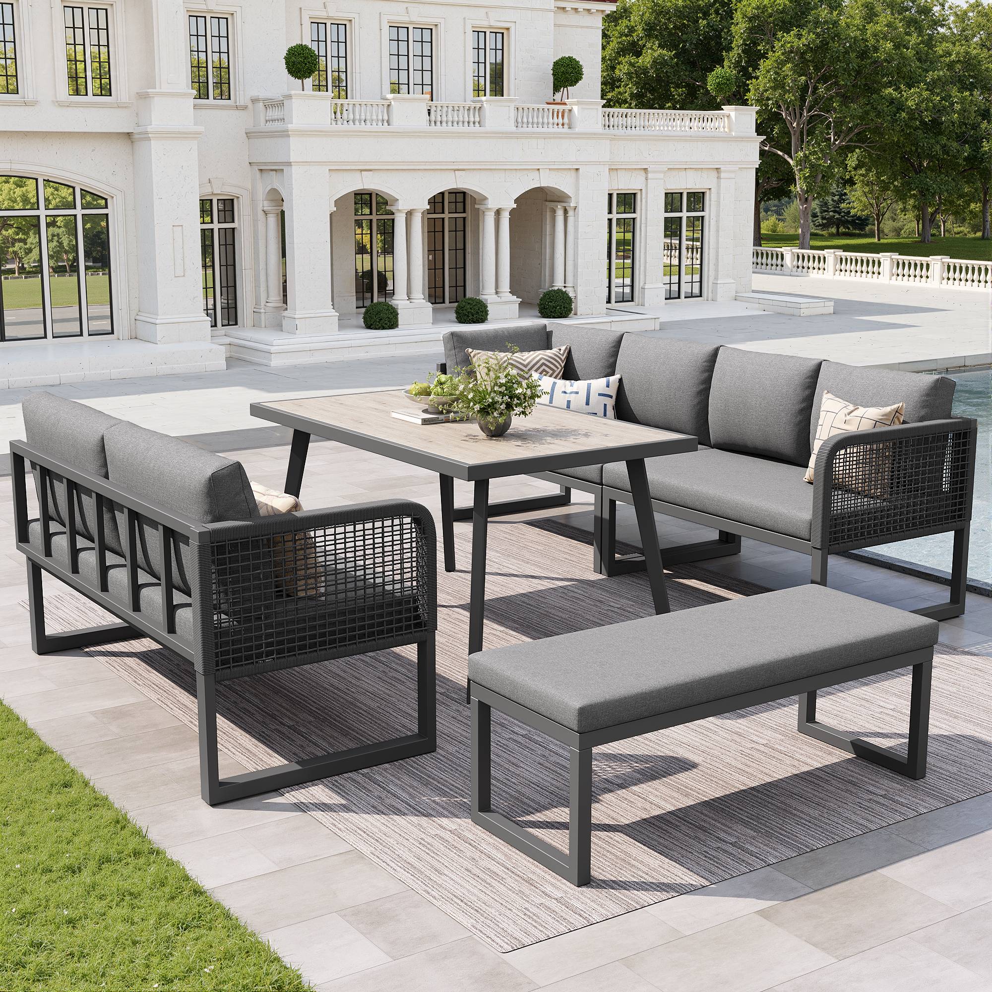ComfortXL - Salon de Jardin Angle Résine Tressée 7 Places Table Haute Gris - ComfortXL Outdoor Living - Image 8