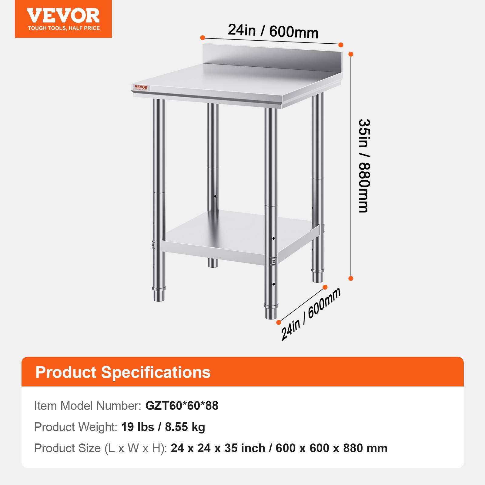 VEVOR Table travail cuisine inox 60x60x80cm 2 étages, charge 750kg, pour préparation repas, hôtels, hôpitaux. - Image 7