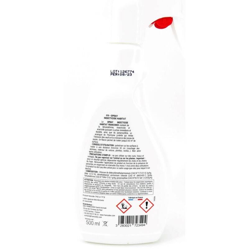 Francodex - Spray insecticida hábitat frasco 500 ml tratamiento antiparasitario del entorno - FRANCODEX - Imagen 2