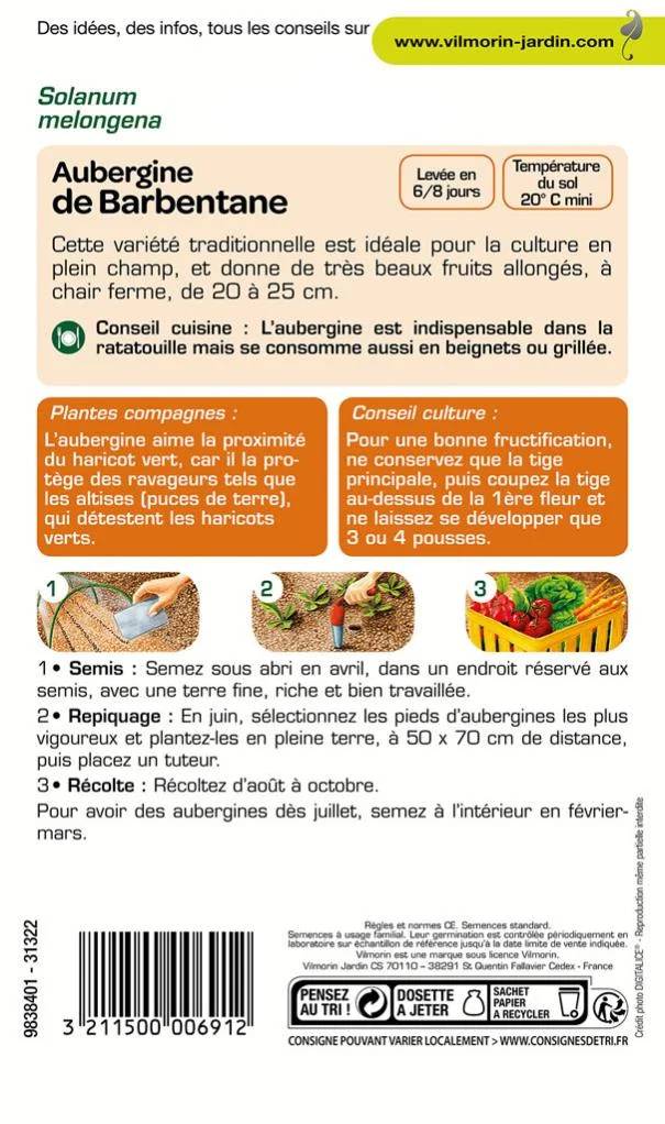 Vilmorin - Aubergine de Barbentane série 1 sachet graines 1,5 g - Vilmorin - Image 1