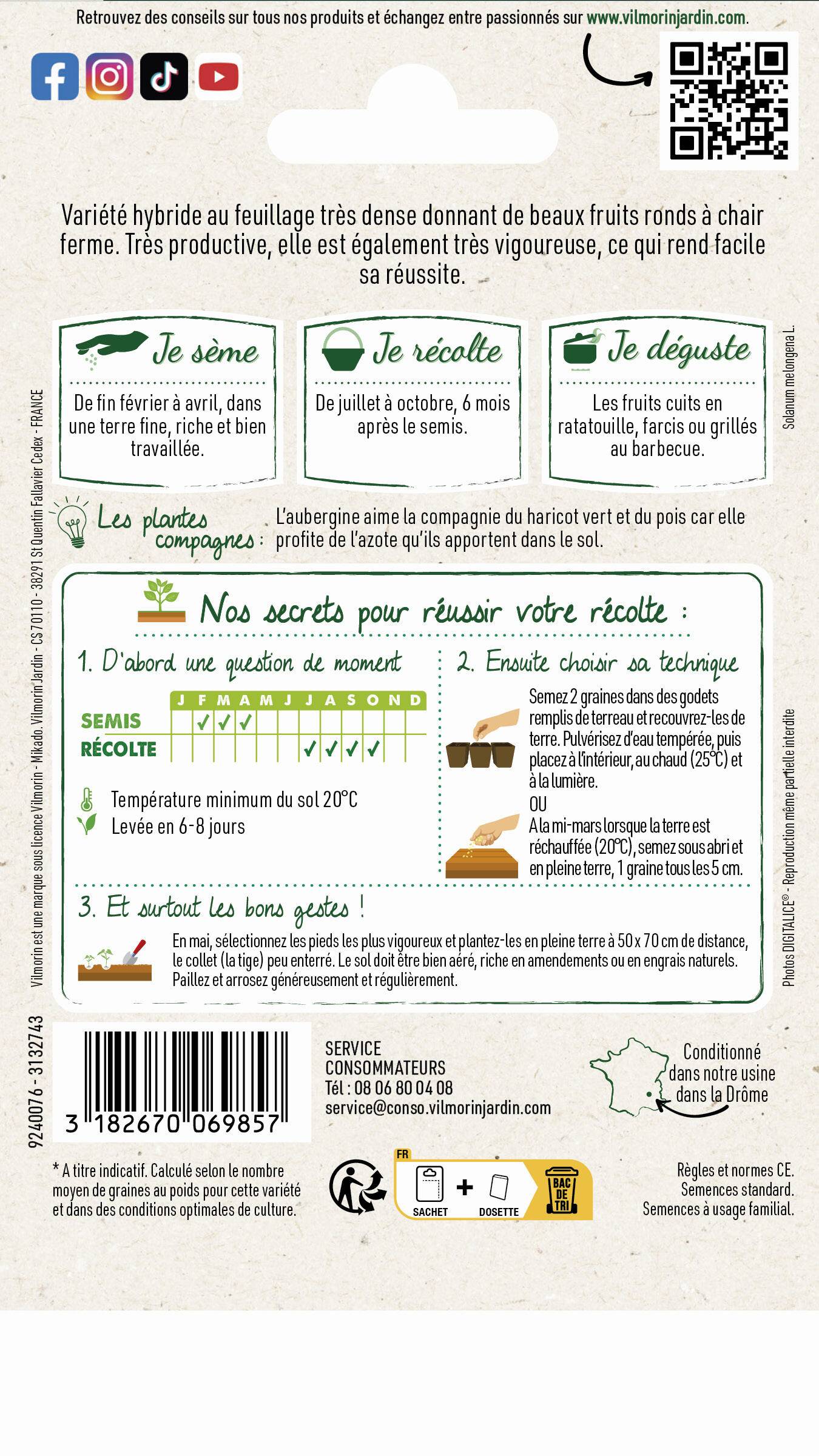 Vilmorin - Aubergine Bonica hf1 série 3 sachet graines 0,4 g - Vilmorin - Image 3
