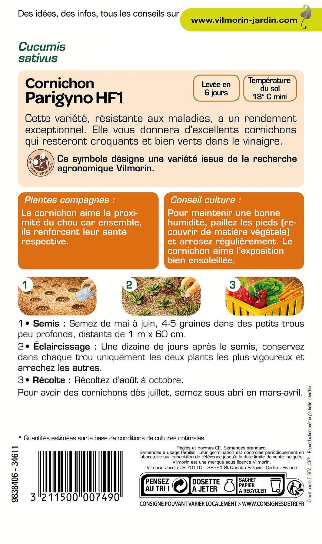 Vilmorin - Cornichon Parigyno HF1 serie 3 sachet graines 2 g - Vilmorin - Image 4