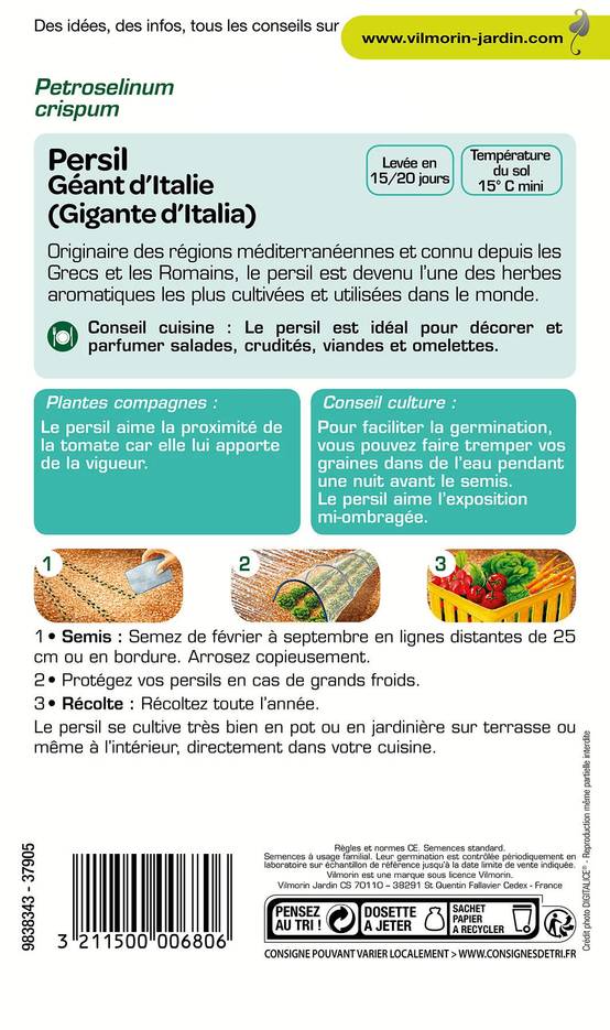 Vilmorin - Persil à feuilles commun géant d Italie série 2 sachet graines 5 g - Vilmorin - Image 2