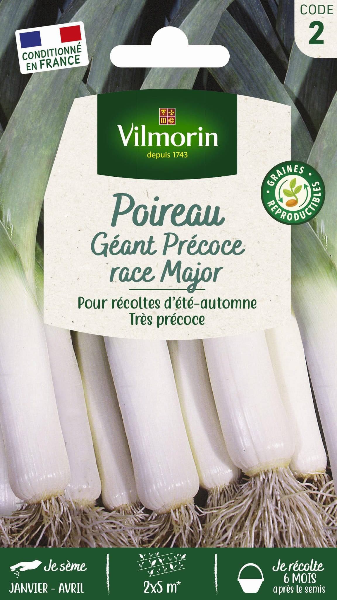 Vilmorin - Poireau géant précoce race Major sélection série 2 sachet graines 4 g - Vilmorin