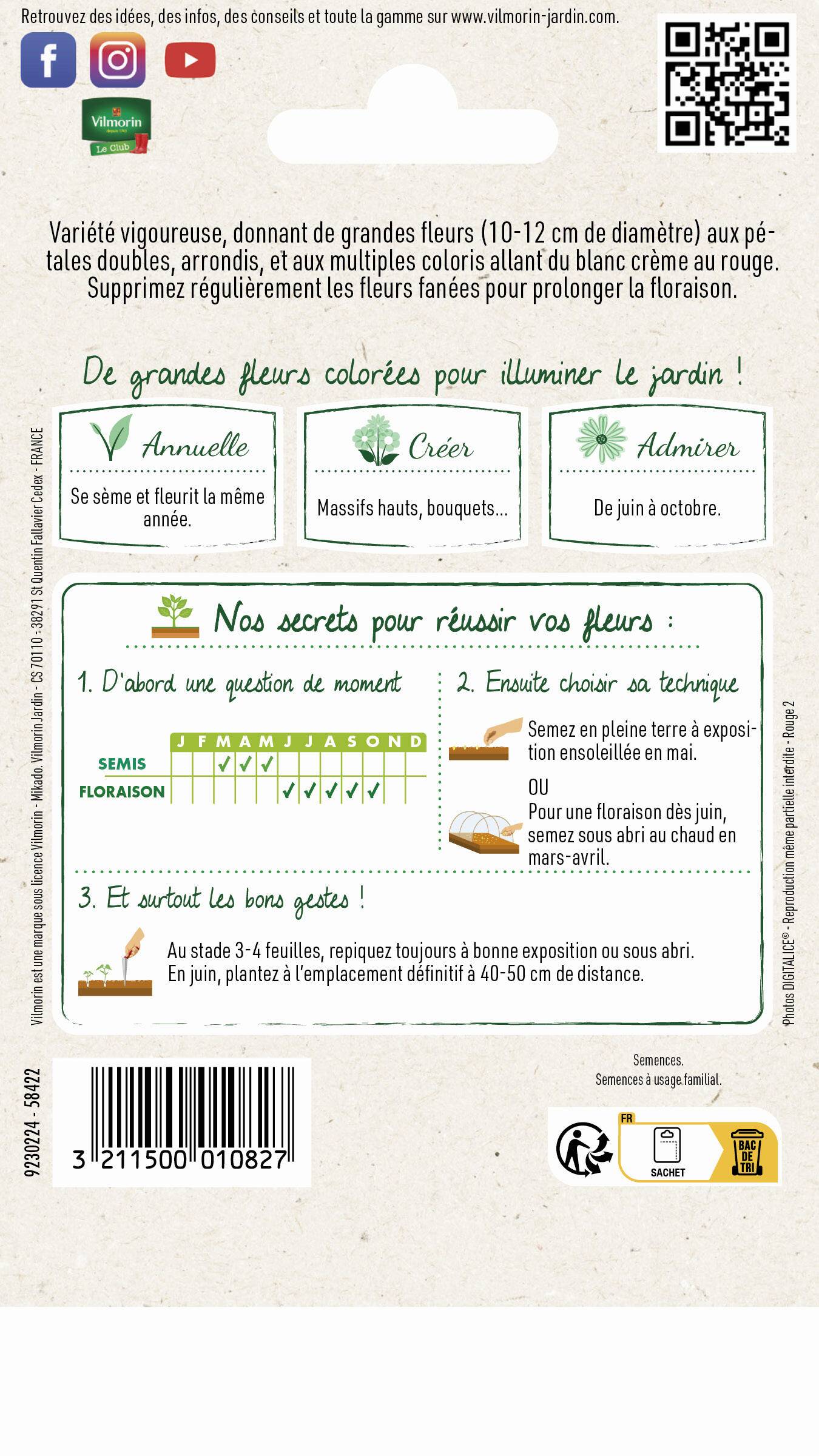 Vilmorin - Zinnia à fleur monstrueuse varie série 1 sachet graines 2 g - Vilmorin - Imagen 3