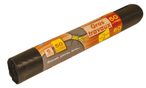 Sacs Gravats 50L 60 x 85-Noir-Coex-100µ x5 - Lien de fermeture