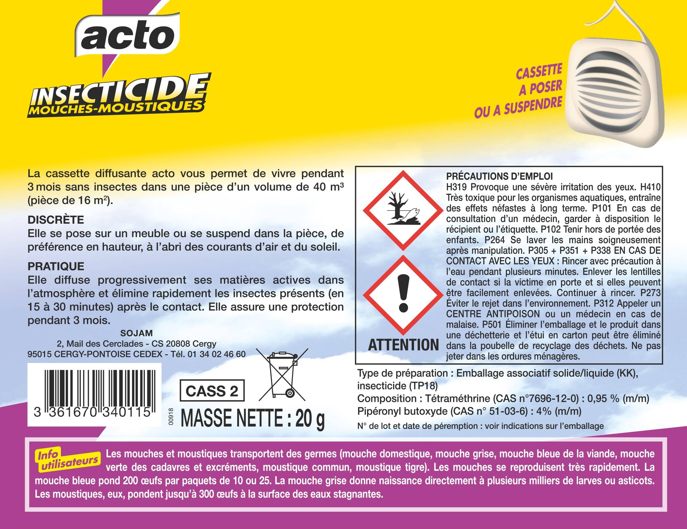 Acto - Cassette insecticide mouches-moustiques 20 g - ACTO - Imagen 2