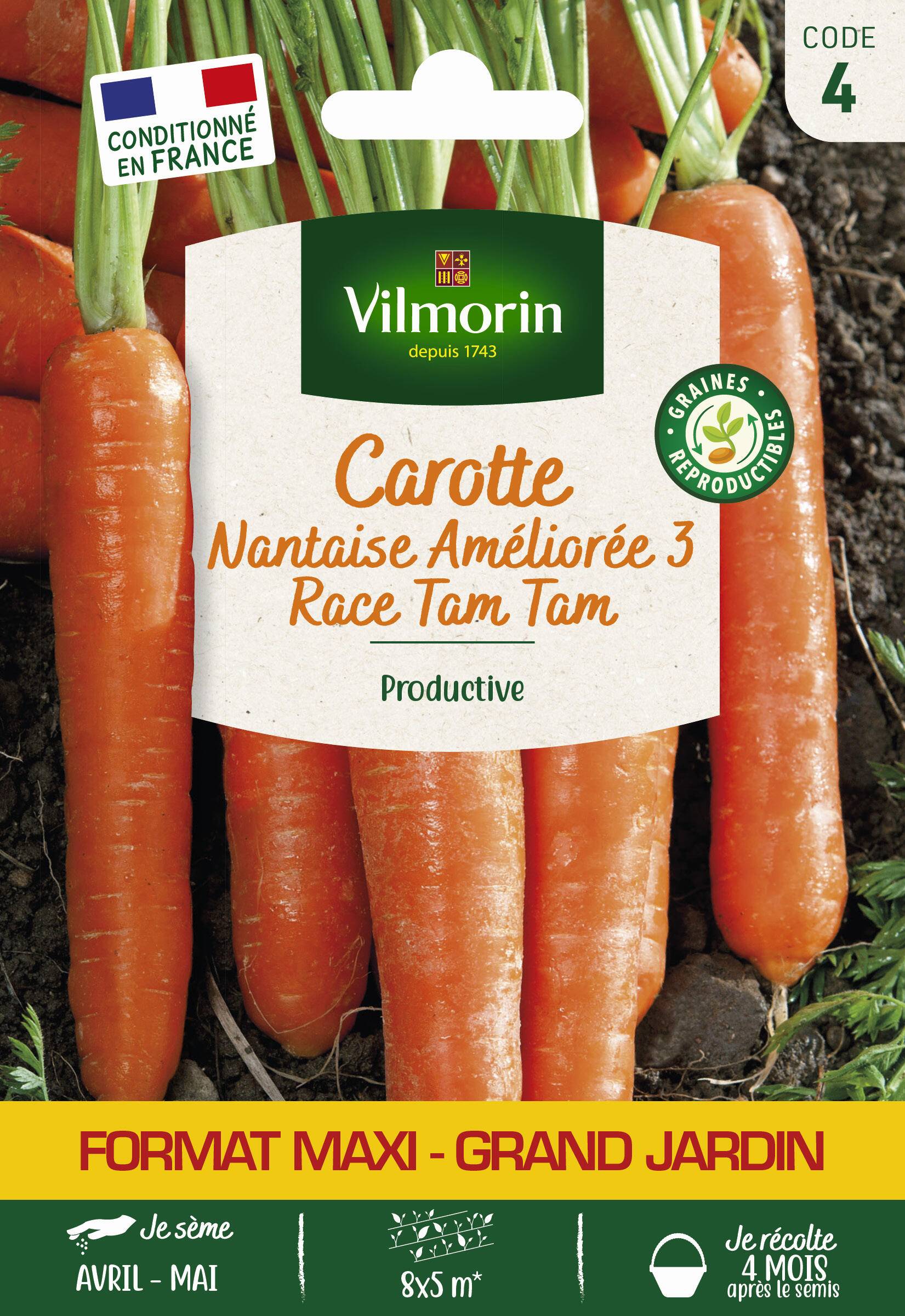 Vilmorin - Carotte Nantaise Améliorée 3 race Tam Tam serie 4 sachet graines 16 g - Vilmorin - Image 1