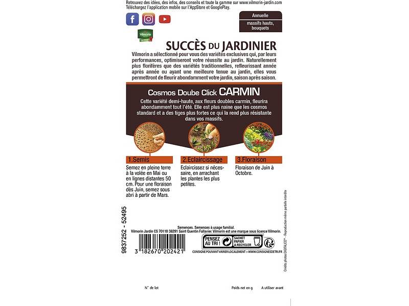 Vilmorin - Cosmos Double Click Carmin    serie 3 sachet graines 1 g - Vilmorin - Image 5