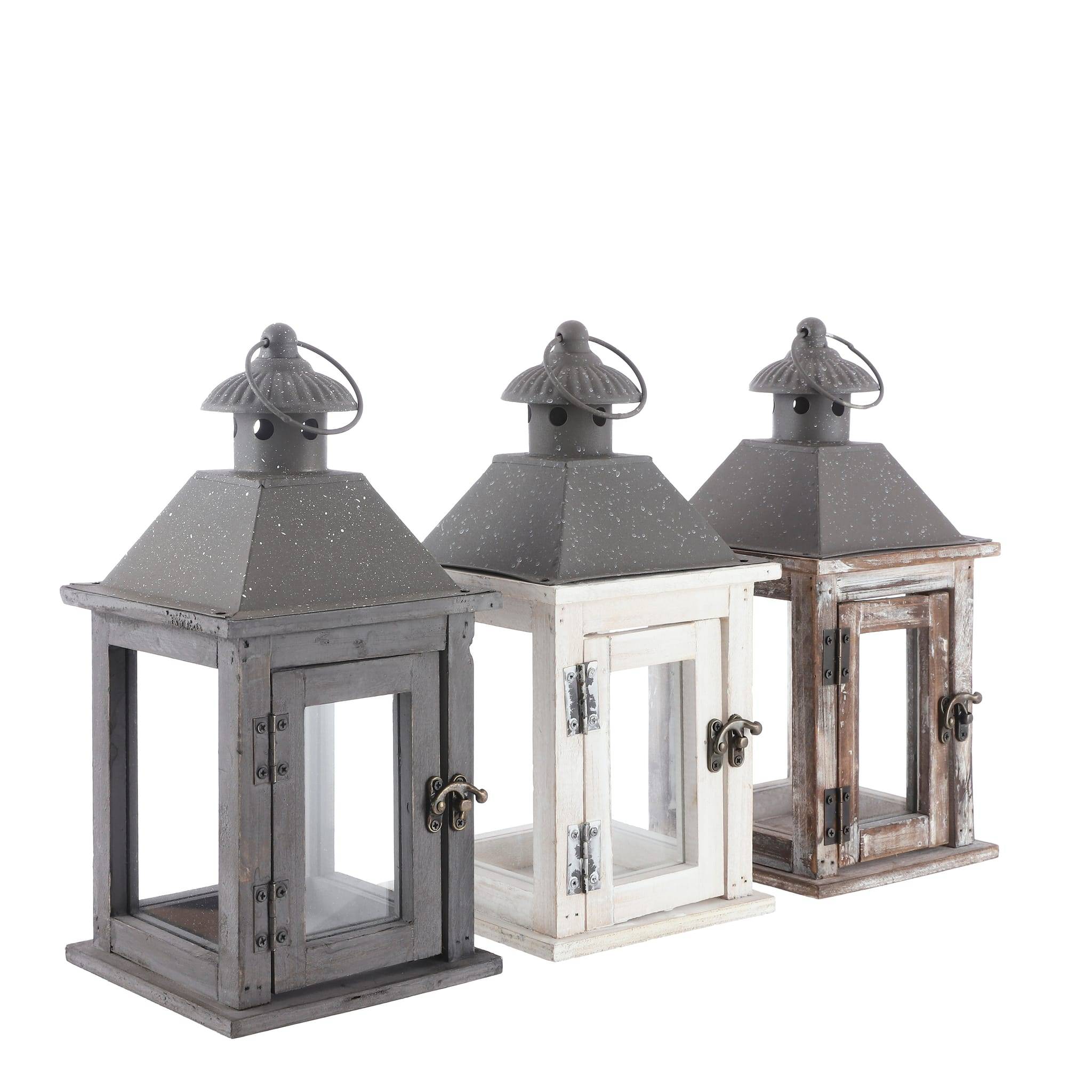 Lanterne white marron gris 3 Ass -sapin-White W- l15xb15xh30,5cm