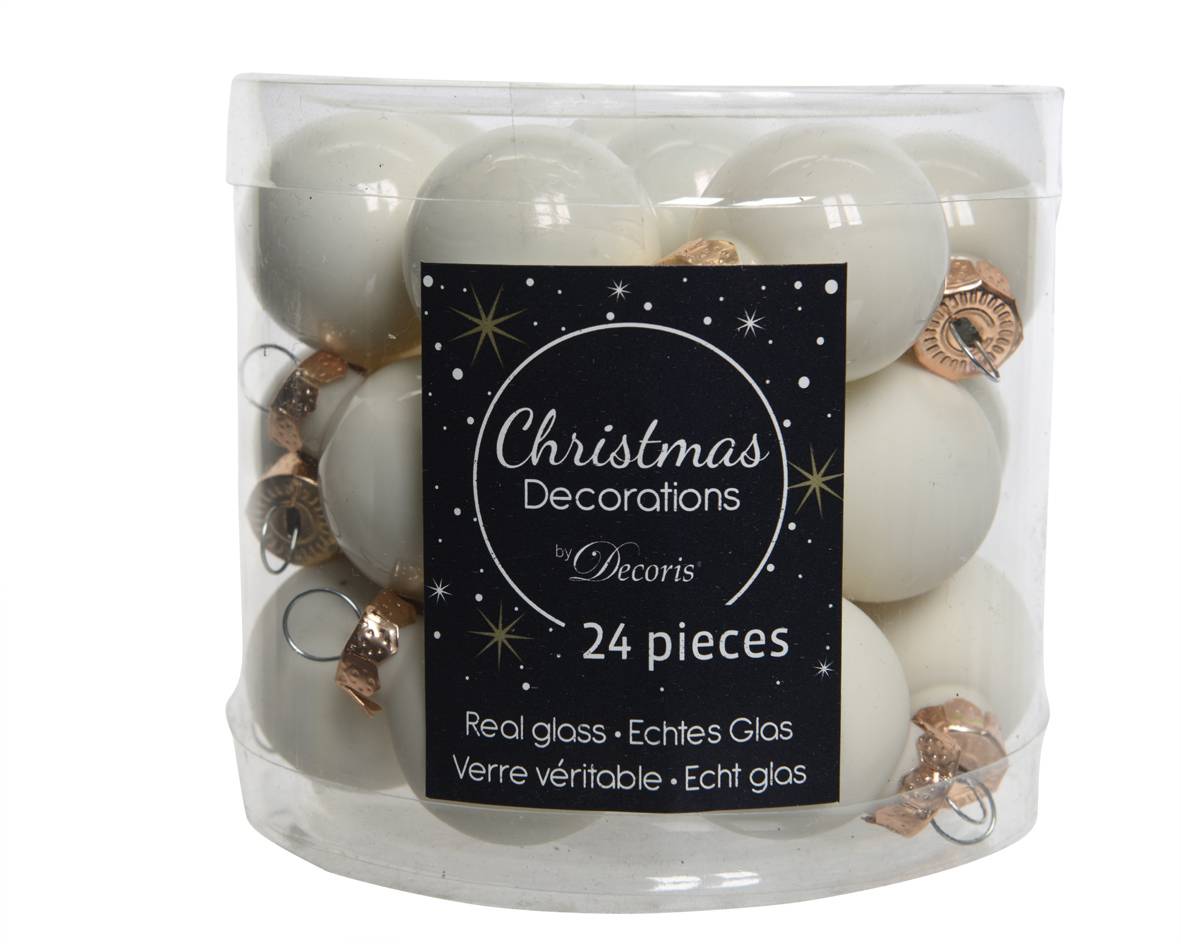 Decoris - Pack de 24 mini boules en verre émail/mat Blanc laine Ø.2,5 cm