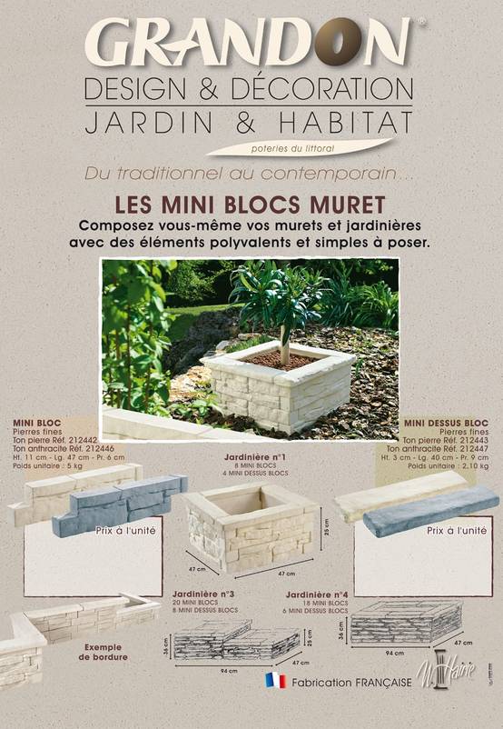 W Hairie Grandon - Mini bloc muret pierre fine ton pierre - L.47 x l.11 x H.6 cm - Image 2