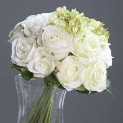 DPI - Bouquet de roses et hortensias artificielles blanc et vert h35 cm