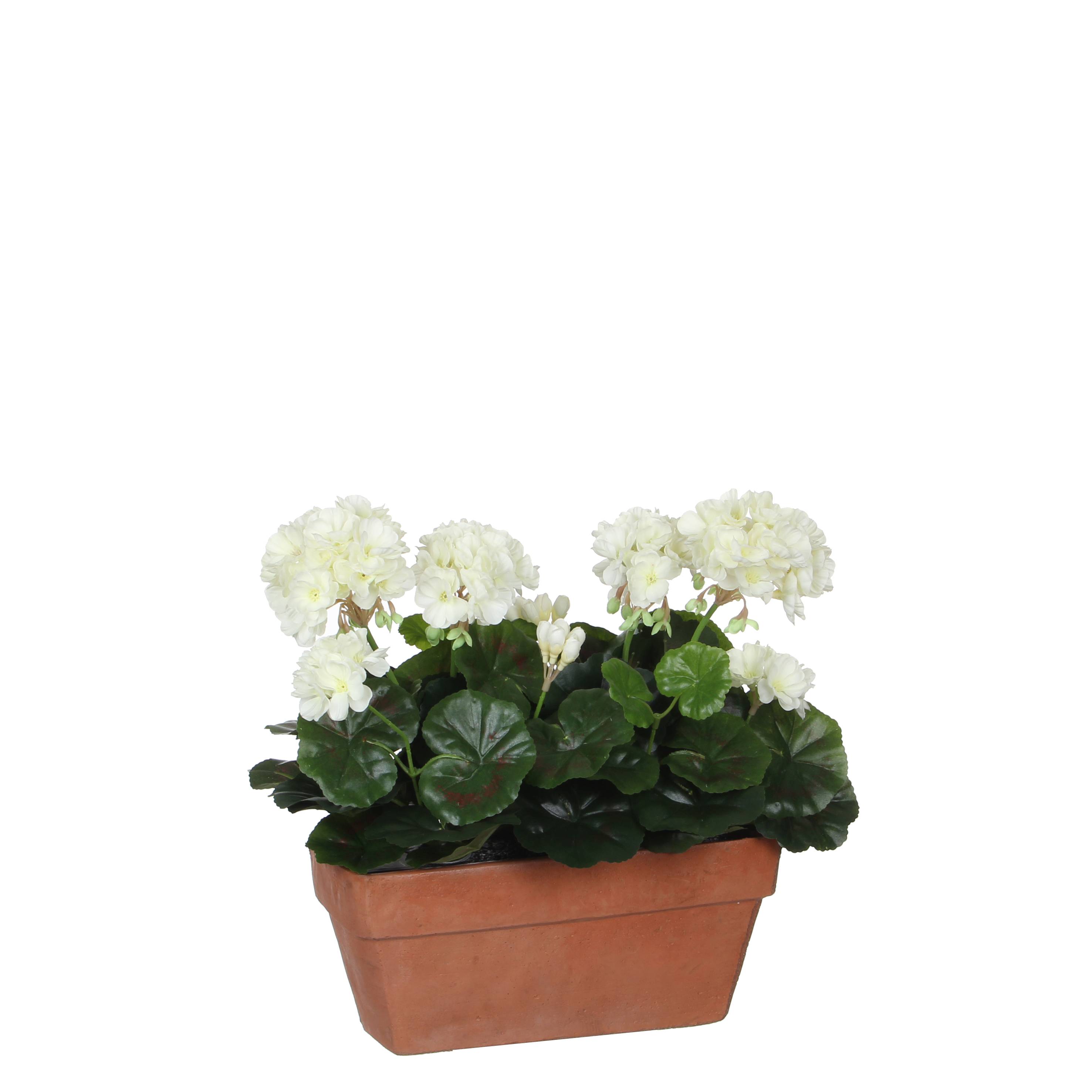 Mica Decorations - Géranium blanc artificiel en jardinière L.29 x l.13 x H.40 cm