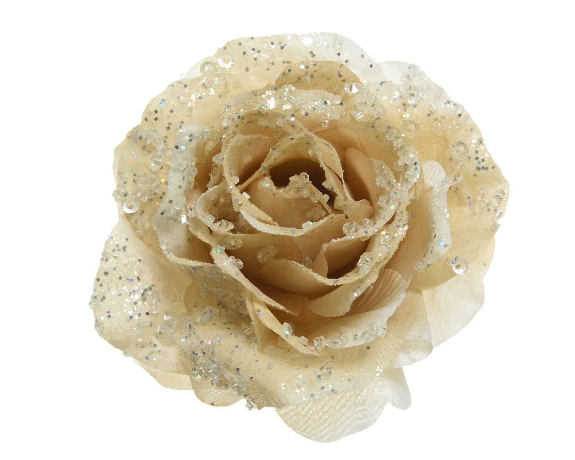 Kaemingk - Rosa de poliéster con clip de lentejuelas - Crema Ø.14 x H.8,5 cm - Imagen 1