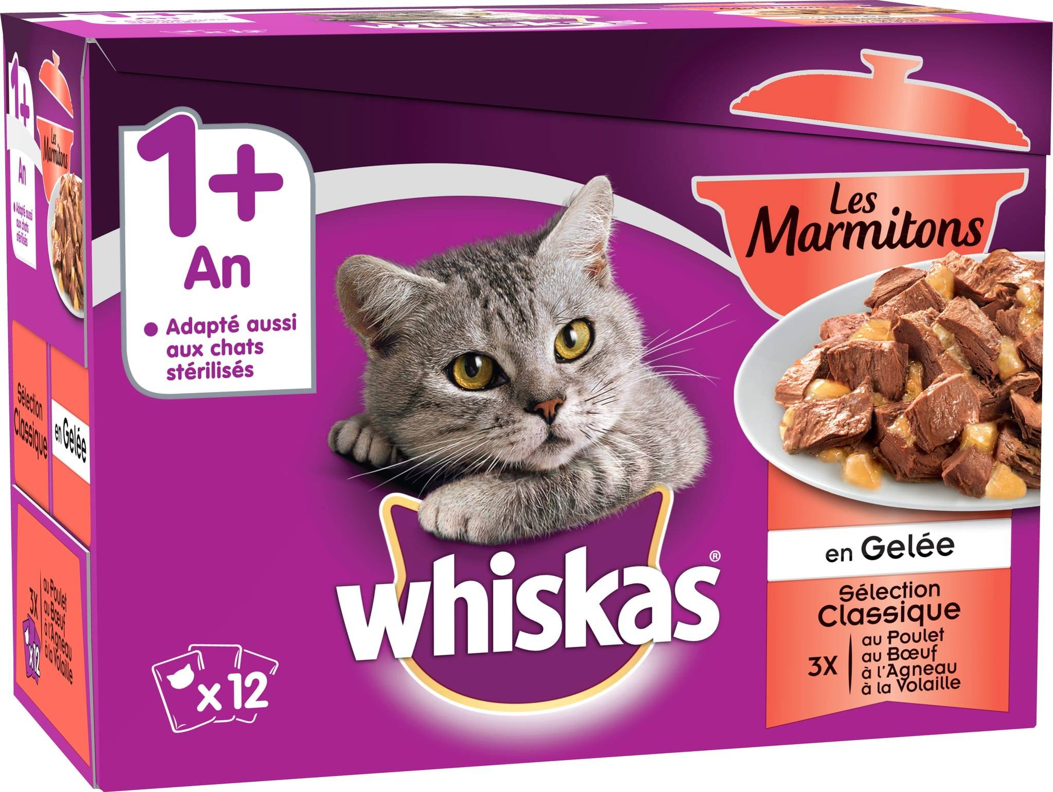 Whiskas - Whiskas 1+ Marmiton selección Clásica x12 en gelatina