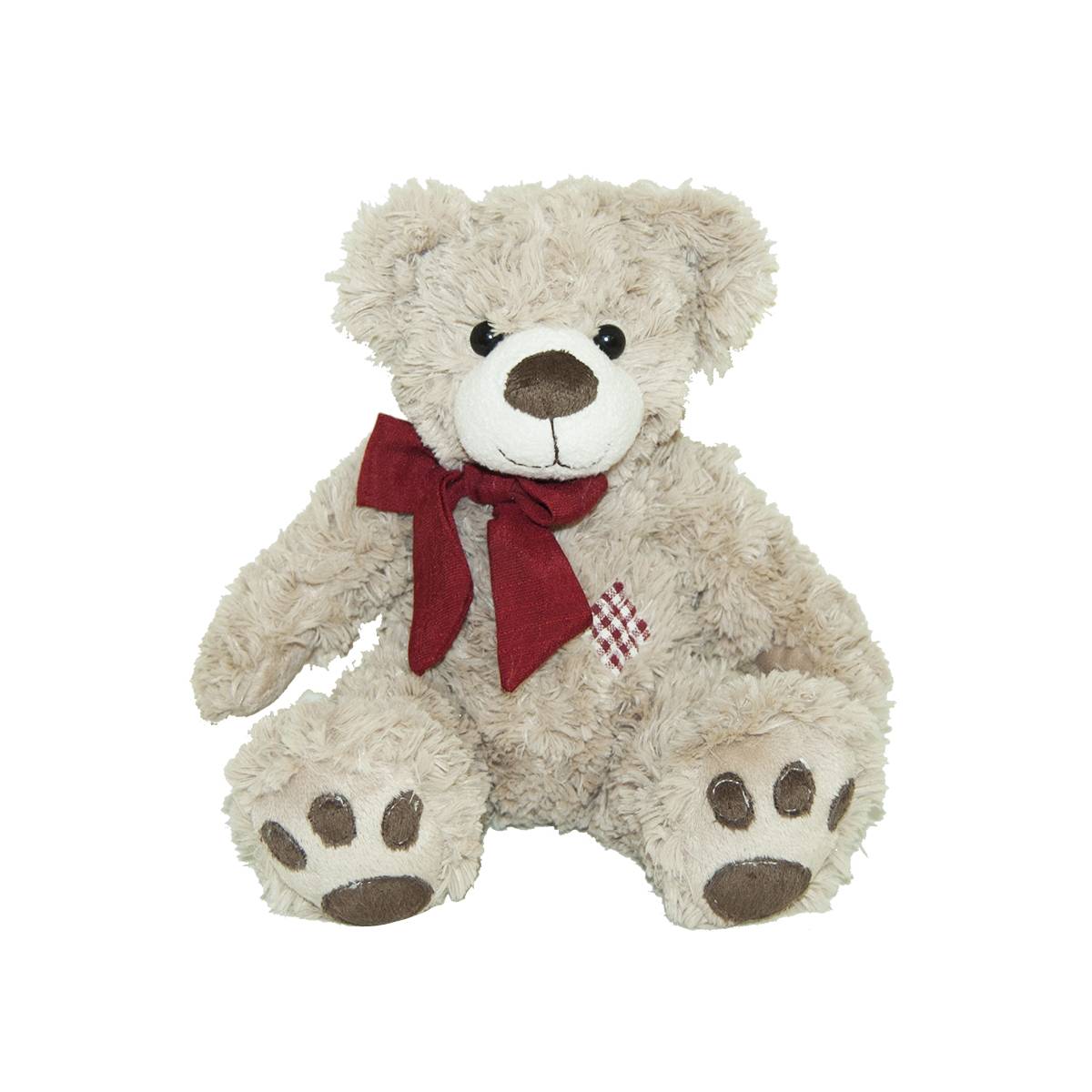 Peluche ours beige patch nœud rouge - L.20 x l.10 x H.25 cm