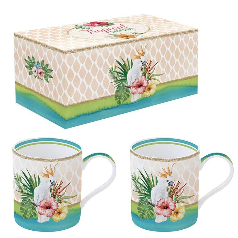 Easy life - Coffret 2 mugs en porcelaine - Tropical fond rose