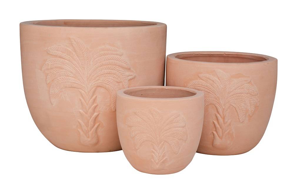 Pot rond en terre cuite avec motif palmier Ø29 x H.24 cm