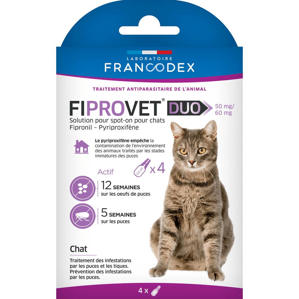 Francodex - FIPROVET DUO 50 mg/60 mg - Solution pour spot-on chat x4 - Imagen 2