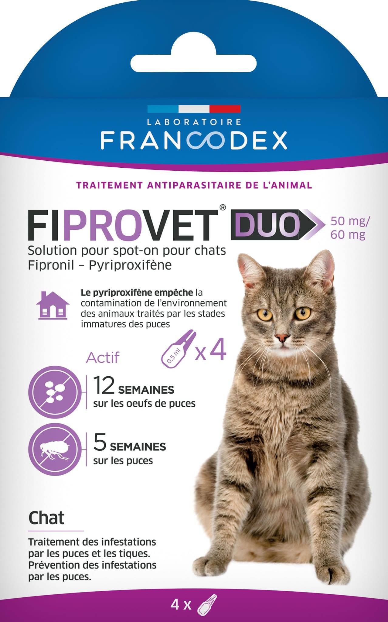 Francodex - FIPROVET DUO 50 mg/60 mg - Solution pour spot-on chat x4 - Imagen 1