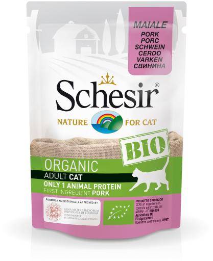 Pâtée pour chat adulte bio au porc sachet fraîcheur 85 g - Schesir - Image 1